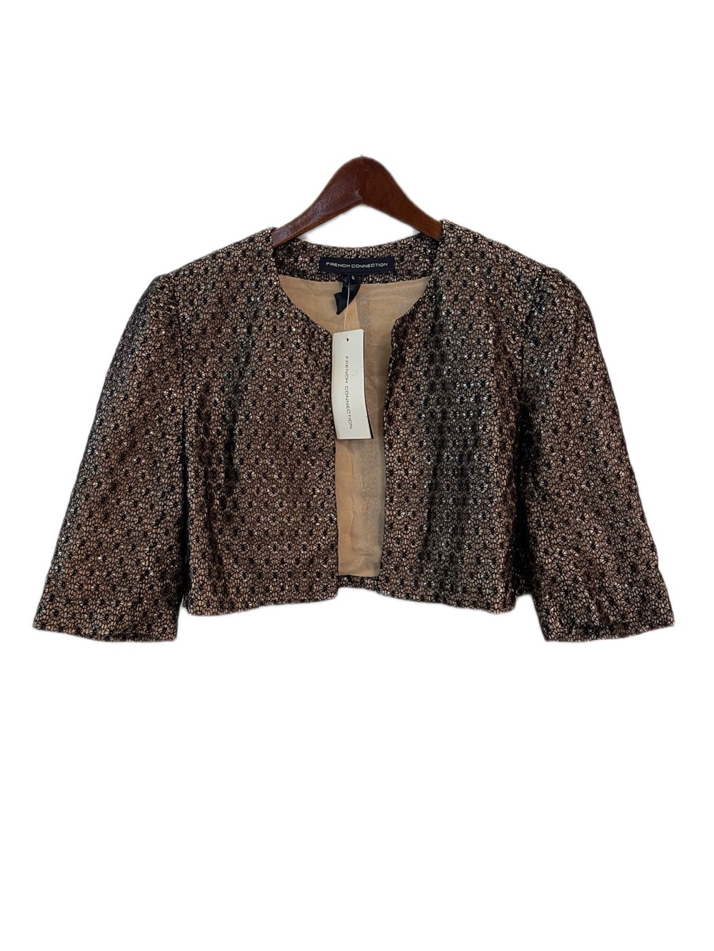 French Connection Bolero Shrug Jacket Metallic Open Front Lined 3/4 Sleeve 6